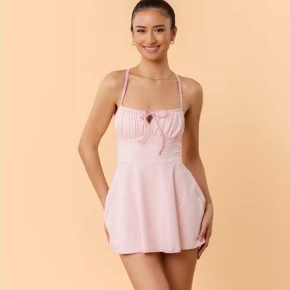 Blogilates Women's Tie Front Twirl Dress - Pink Gingham XS